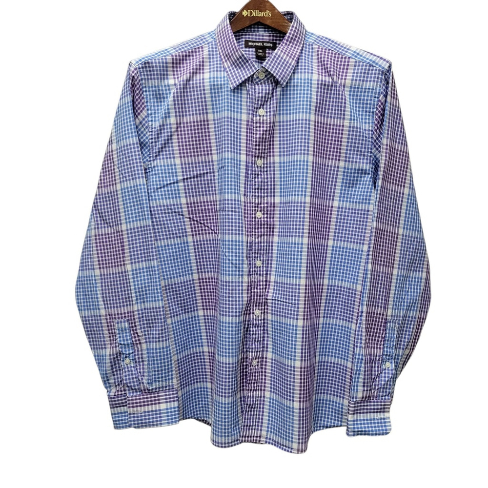 Michael Kors Men's Purple Blue Plaid Long Sleeve
